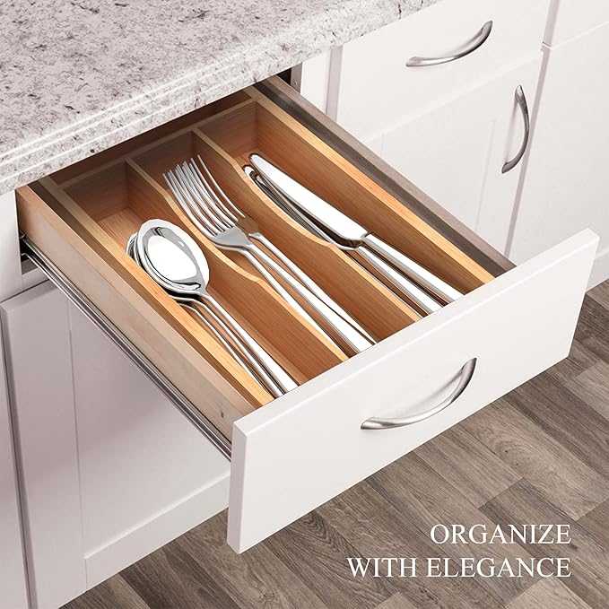 Silverware Organizer, Bamboo Kitchen Drawer Organizer, Utensil Holder, Cutlery Tray & Spoon Flatware Storage with Grooved Drawer Dividers (6.7''W x 15.5''D)