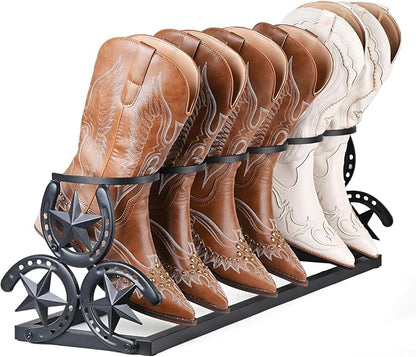 Western Horseshoe Boot Rack, Freestanding Metal Boot Stand for 3 Pairs, Adjustable Cowboy Boot Organizer with Texas Star Ends for Entryway or Mudroom, Gift for Cowboy Boot Lovers, Black