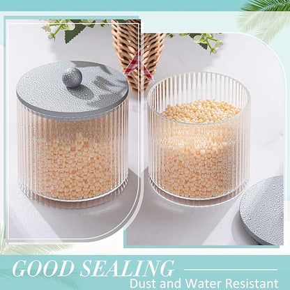Yaomiao 6 Pcs Ribbed Bathroom Canisters Apothecary Jars with Silver Bamboo Lids and Label Stickers, 18 oz Plastic Canister with Fluted Design for Cotton Ball, Swab, Floss Picks House Storage