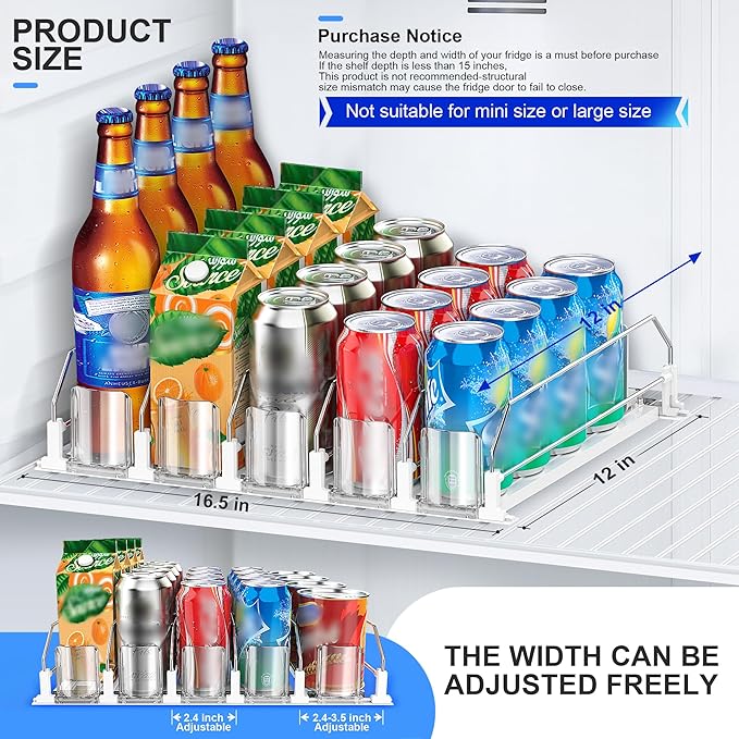 Upgraded Drink Organizer for Fridge, Space-Saving Fridge Drink Organizer, Automatic Pusher Glide and Adjustable Width Drink Dispenser for Fridge - Holds Up to 20 Cans (5 Rows White)