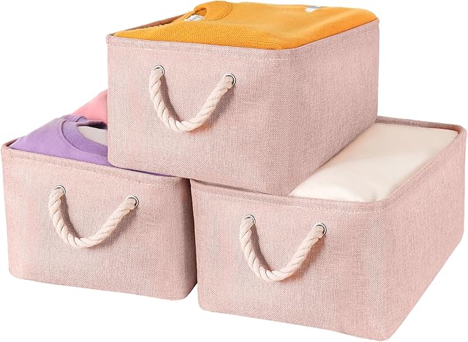 Storage Bins with Sturdy Cotton Handles(3 Pack), Fabric Storage Baskets for Organizing use for Office & Home, Book, Clothes, Toys, Closet Boxes (Large, Pink, 15.7x11.8x7.9 inches)