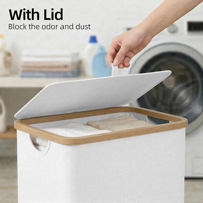 efluky Laundry Hamper with Lid, 100L Tall Laundry Basket with Bamboo Handles for Clothes and Toys, Collapsible Laundry Hamper with Inner Bag for Bedroom and Bathroom, White