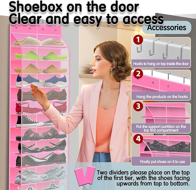Kotkn Over The Door Shoe Organizer with 12 Large Breathable Pockets - Durable Hanging Storage for the Entire Family's Shoes (Pink)