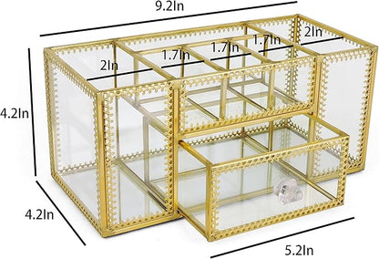 FSyueyun Vanity Clear Glass Makeup Organizer, Gold Makeup Brush Holder Cosmetic Storage Display Case for Skincare Perfume Dresser Countertop