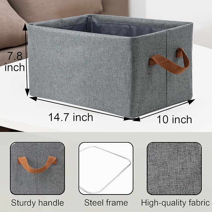 Fordonral 4 Pcs Fabric Storage Bins, Organization Baskets for Shelves, 15" Linen Closet Organizer with Handles, Metal Frame, Natural Color, Shelves Basket for Organizing, Gray