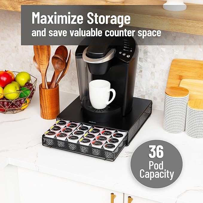 Mind Reader Single Serve Coffee Pod Drawer, 36 Pod Capacity, Countertop Organizer, Removable Dividers, Metal, Black
