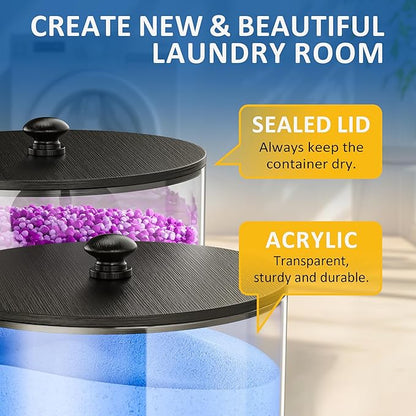 galasily 3 Pack Laundry Pods Container, Clear Laundry Room Organization Containers,Large Acrylic Detergent Powder Storage Containers Black Wooden Lids & Labels, Dryer Sheet Holder