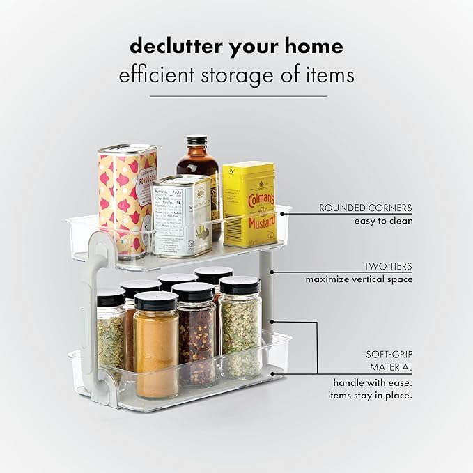 madesmart Tiered Spice Organizer, 8 Jars for Kitchen Essentials, Vertical Storage for Salt, Pepper, Cayenne, Soft-Grip Lining, Dual Handles, Grey (Pack of 3)
