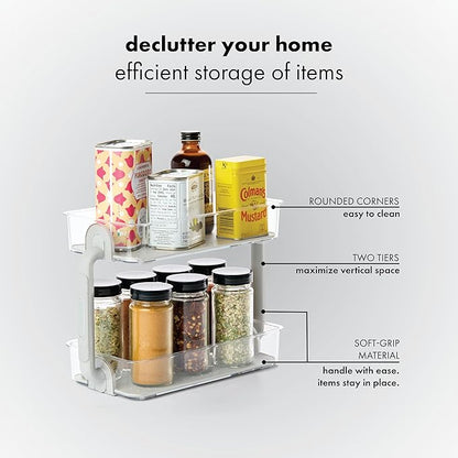 madesmart Tiered Spice Organizer, 8 Jars for Kitchen Essentials, Vertical Storage for Salt, Pepper, Cayenne, Soft-Grip Lining, Dual Handles, Grey
