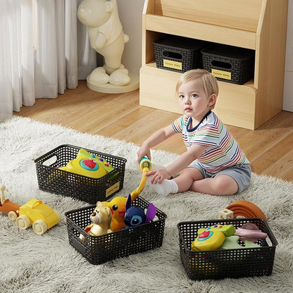 8 Pcs Plastic Storage Baskets with Plastic Lids and Labels 5.29qt Stackable Box Basket Pantry Decorative Containers, Small Storage Bins for Shelves Drawers Closets Bedrooms Office Cabinets 10*7.2*4.1"