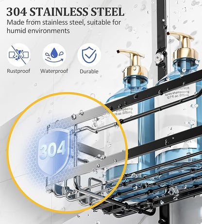 OMAIRA Shower Caddy Hanging Over the Shower Head - Rustproof Shower Organizer Hanging with Soap Scrub Holder, Non-Slip Stainless Steel Bathroom Storage Rack & Shelves, No Drilling, Black