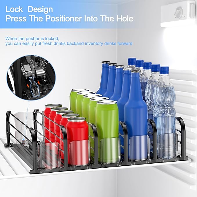 Automatic Drink Organizer for Fridge, Refrigerator Soda Can Dispenser & Beverage Pusher Glide for Pantry, Cooler & Kitchen, Self-Pushing Drink Holder for Soda, Beer, Seltzer - Black, 5 Rows-15"D