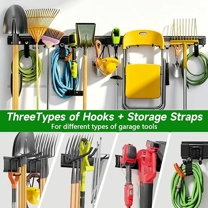 PIYILO Garage Wall Organizer, 96 in Garden Tool Organizer with 12 Adjustable Garage Hooks and 3 Storage Straps, Heavy Duty Tool Holder Wall Mount for Garden & Shed Tools