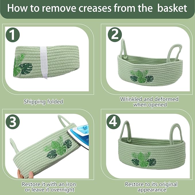 Vesici Palm Leaves Toilet Paper Basket Boho Woven Cotton Rope Bathroom Countertop Organizer with Handle Green Summer Tropical Monstera Bathroom Storage Decor for Bedroom Nursery, 13 x 6 x 4 Inch
