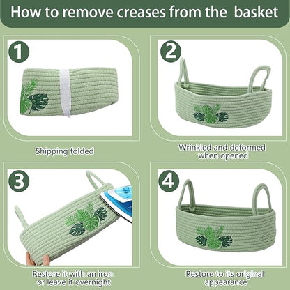Vesici Palm Leaves Toilet Paper Basket Boho Woven Cotton Rope Bathroom Countertop Organizer with Handle Green Summer Tropical Monstera Bathroom Storage Decor for Bedroom Nursery, 13 x 6 x 4 Inch