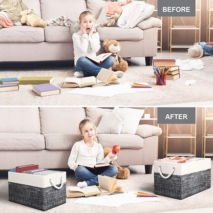 Fab totes Storage Bins 3-Pack, Foldable Storage Baskets for Organizing Toys, Books, Shelves, Closet, Large Storage Box with Rope Handles, Sturdy Organizer Bins, White & Black