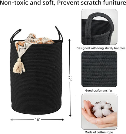 Woven Cotton Rope Laundry basket-16”X22” Laundry Hamper-Rope Storage Basket for Dirty Clothes, Toys and Blankets Perfect for Bathroom, Baby nursery and Living Room Storage (black, Large)