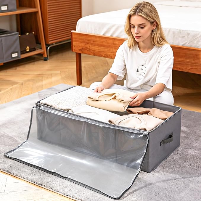 Freebat 10" High Under Bed Storage Containers, Underbed Container with Clear Lid Cover & Label Holder, Storage Bag Box with Visiable Window for Clothes, Bedsheet, Pillow, 2 Pack(Gray)