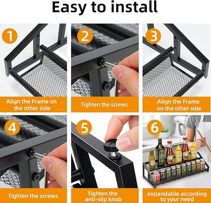 2 Tier Expandable Spice Rack Organizer for Kitchen，13.7"-23.6" Expandable Spice Organization Shelf,Metal Pantry Storage Shelves Racks,Space Saving for for Pantry, Counter top (Patent Pending)