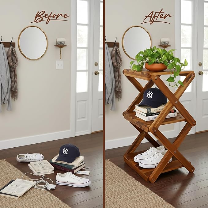 Premium Acacia Wood Shoe Rack for Entryway - 3-Tier Foldable Wooden Shoe Shelf, Free Standing Space Saving Shoe Organizer for Small Spaces, Apartment, Closet