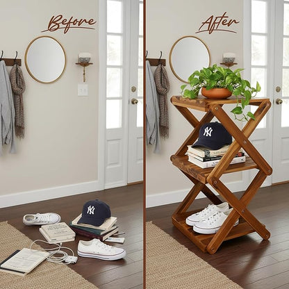 Premium Acacia Wood Shoe Rack for Entryway - 3-Tier Foldable Wooden Shoe Shelf, Free Standing Space Saving Shoe Organizer for Small Spaces, Apartment, Closet