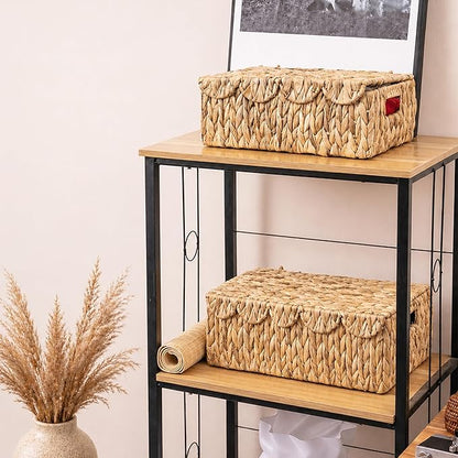 LUSYDECO Set of 2 Scalloped Edge Wicker Basket with Lids, Rectangle Wicker Storage Basket with Built-in Handles, Multipurpose Organizer Rattan Display Boxes for Shelf, Nursery Room
