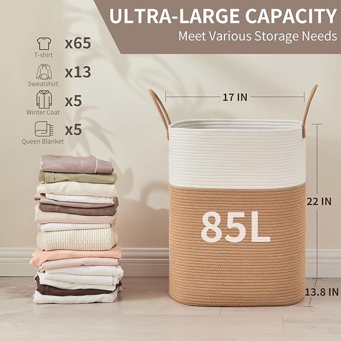 AINUOQI Laundry Basket with Handles - Blanket Basket & Hampers for Bedroom Aesthetic, Laundry Hamper & Blanket Storage for Living Room, Clothes Hamper, Tall, Large 17" x 14" x 22”, White & Jute