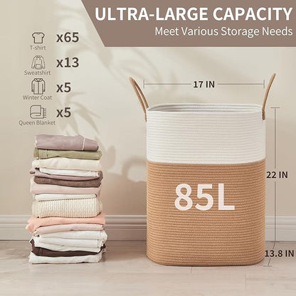 AINUOQI Laundry Basket with Handles - Blanket Basket & Hampers for Bedroom Aesthetic, Laundry Hamper & Blanket Storage for Living Room, Clothes Hamper, Tall, Large 17" x 14" x 22”, White & Jute