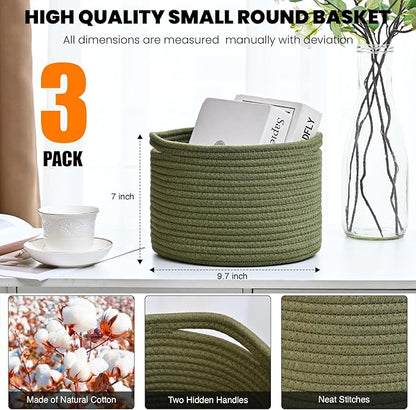 ICERZCZ Small Storage Baskets for Organizing, Organizer Baskets for Shelves, Green Woven Basket for Storage Decor, Small Decorative Cotton Rope Basket, 9.7"×9.7"×7" (3 Packs) Green
