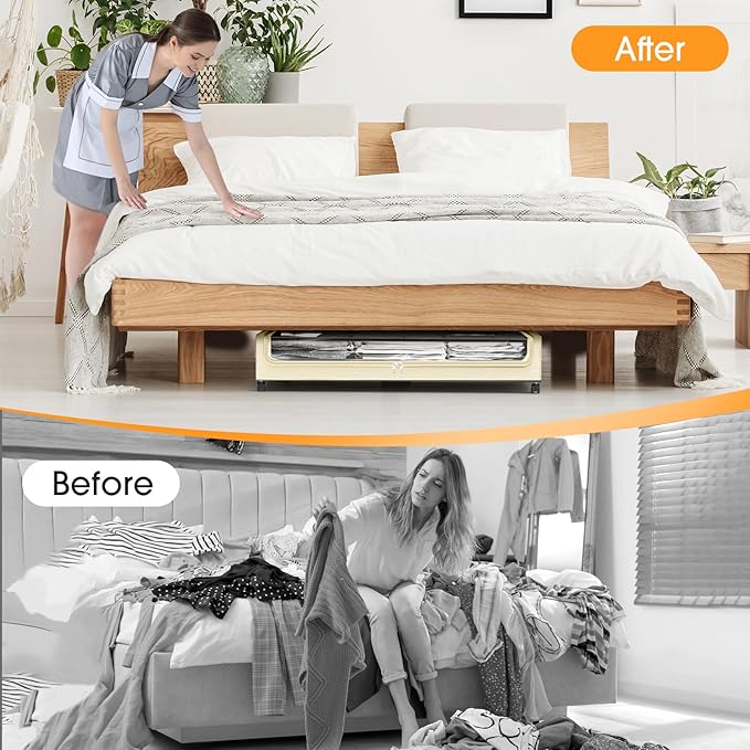 SpaceHacks Under Bed Storage with Wheels 1Pack Underbed Storage with Clear Window&Label Under Bed Drawers Large Capacity Rolling Under Bed Storage for Clothes,Shoes, Blankets (Beige)