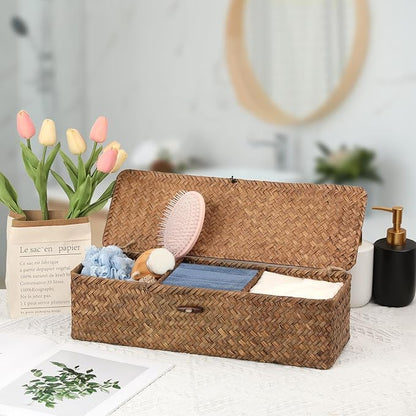 Hipiwe Handwoven Seagrass Storage Basket with Lid Rectangular Toilet Paper Holder 3 Sections Home Organizer Bin for Bathroom Shelf Kitchen
