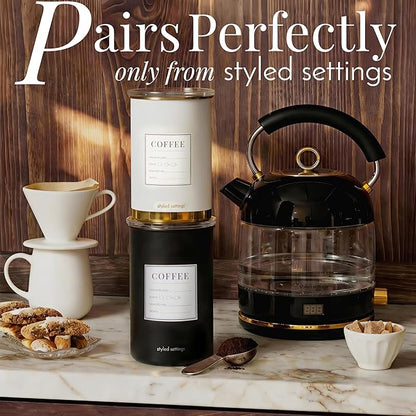 STYLED SETTINGS Coffee Storage Container - Airtight Vacuum Coffee Canister with Scoop and Label - Matte Black Canister Holds 1lb Beans or Grounds, Dual-Lid Freshness System - Perfect for Gifting