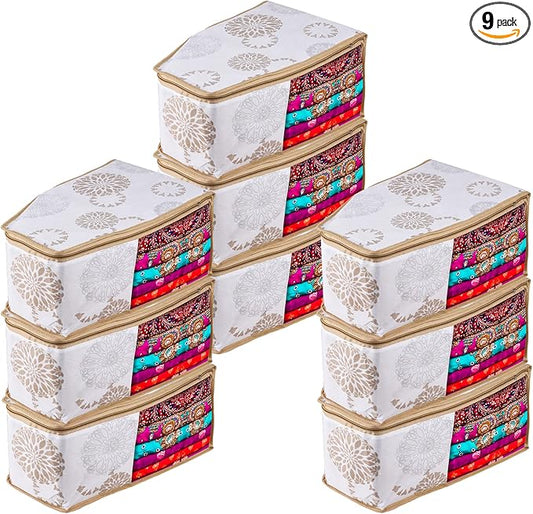 Kuber Industries Pack of 9 Blouse Storage Bag | Clothes Storage Bag | Visible Window Wardrobe Bag | Zipper Clothes Organizer | Blouse Bag for Travel | Gola-Print | White