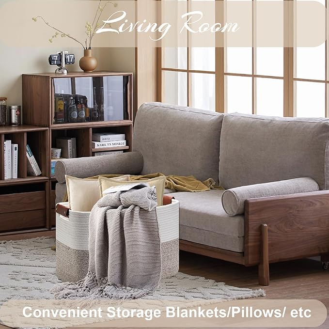 Large Cotton Rope Storage Basket with Leather Handles, Laundry Hamper Basket, 20 "L x 14" W x 12 "H, Durable & Stylish Organizer for Home.(Large Brown)