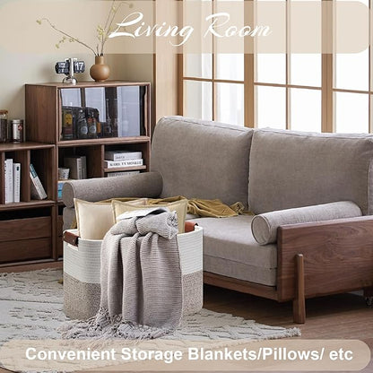 Large Cotton Rope Storage Basket with Leather Handles, Laundry Hamper Basket, 20 "L x 14" W x 12 "H, Durable & Stylish Organizer for Home.(Large Brown)