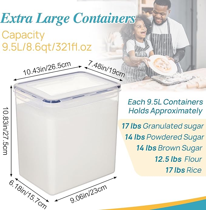 Vtopmart 9.5L 2 Pack Extra Large Flour Sugar Storage Containers for 25lbs flour, Airtight Kitchen Pantry Organization Canisters with Lids for Bulk food, Rice, Baking Supplies, BPA Free, Black