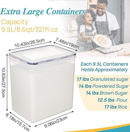 Vtopmart 9.5L 2 Pack Extra Large Flour Sugar Storage Containers for 25lbs flour, Airtight Kitchen Pantry Organization Canisters with Lids for Bulk food, Rice, Baking Supplies, BPA Free, Black
