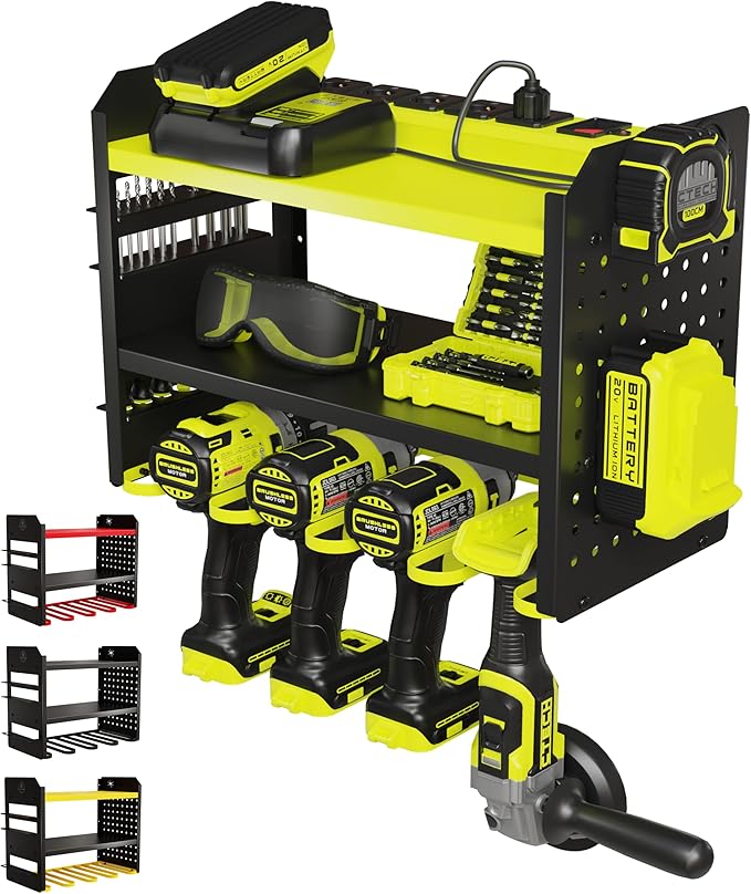 BUILTSTRONG Power Tool Organizer Wall Mount – 3-Tier Heavy-Duty Steel Rack, 4 Drill Slots, Pegboard + Utility Side, 100 lb Capacity – Garage, Workshop & Shed Storage (Green)