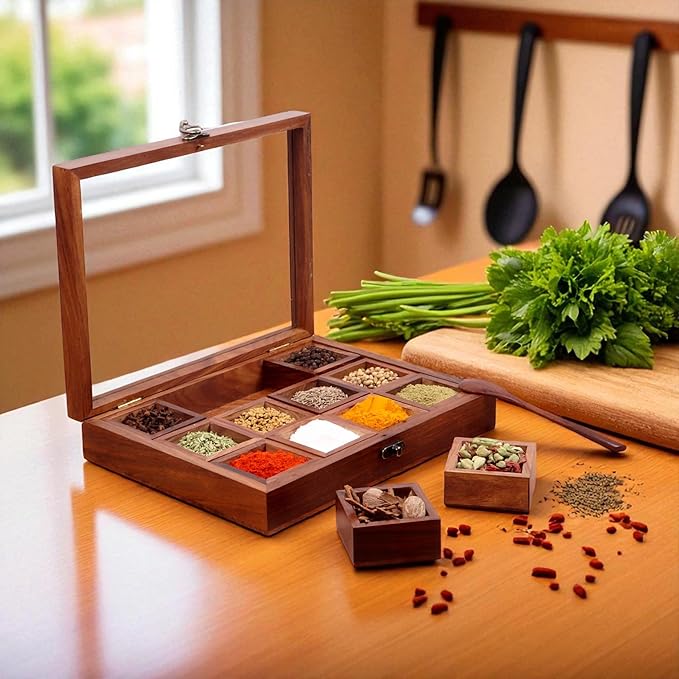 Wooden Spice Box, Masala Container, Condiments Storage Case for Kitchen, Multipurpose Decorative Box - Indian Rosewood Crafted
