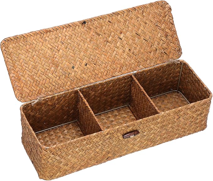 Hipiwe Handwoven Wicker Basket Box Rectangular Wardrobe Home Organizer with Lid 3 Sections Toilet Paper Holder Home Organizer for Tissue Snacks, Caramel