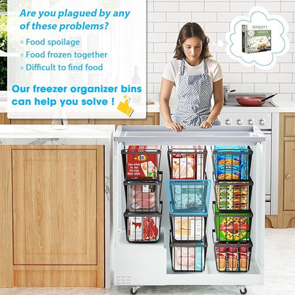 SUNALLY Freezer Organizer Bins, 8 Pack Stackable Chest Freezer Organizer for 5-7 Cu.FT Deep Freezer Sort Frozen Meats and Food, Freezer Storage Baskets with Handles Easy Reach from Bottom, Black