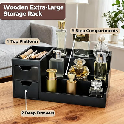 Countertop Perfume & Makeup Organizer - Wooden Rack, Cologne Stand Shelves & Skincare Organizer for Bedroom Dresser, Organizador de Perfumes Estante para Perfumes (Black, 01)