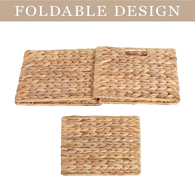 12X12X10in Water Hyacinth Storage Baskets, Wicker Storage Cubes Set of 4, Foldable Wicker Baskets for Pantry Organization, Square Baskets for Shelves