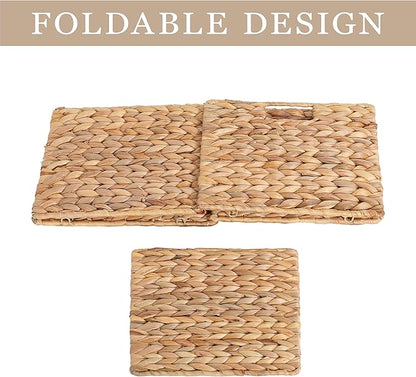 12X12X10in Water Hyacinth Storage Baskets, Wicker Storage Cubes Set of 4, Foldable Wicker Baskets for Pantry Organization, Square Baskets for Shelves