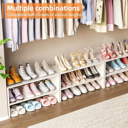 X-cosrack 2-Tier Shoe Rack Organizer for Closet, Expandable and Adjustable White Shoe Rack, Stackable Iron Wood Combination Shoe Storage Shelves for Closets, Entryway, Small Space, Hallway, Garage