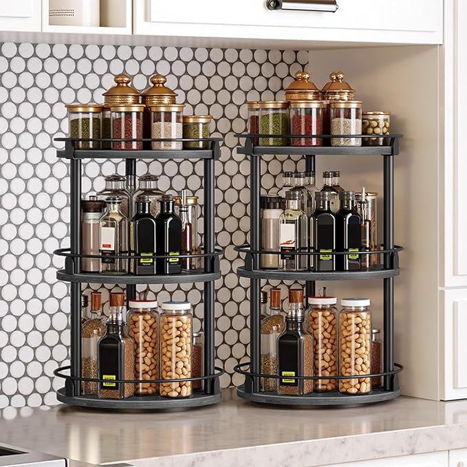 YATINEY Spice Rack, Set of 2 Lazy Susan Organizer, 3 Tier Turntable Organizer For Cabinet, Compact and Versatile, for Kitchen Countertop, Black SR23L2BB