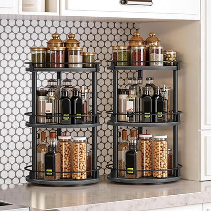 YATINEY Spice Rack, Set of 2 Lazy Susan Organizer, 3 Tier Turntable Organizer For Cabinet, Compact and Versatile, for Kitchen Countertop, Black SR23L2BB