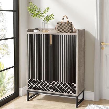 LITTLE TREE Shoe Cabinet for Entryway, 5-Tier Shoe Cabinet with Doors, Modern Shoe Storage Cabinet, Gray Wooden Shoe Cabinets with Black Metal Legs for Living Room, Bedroom
