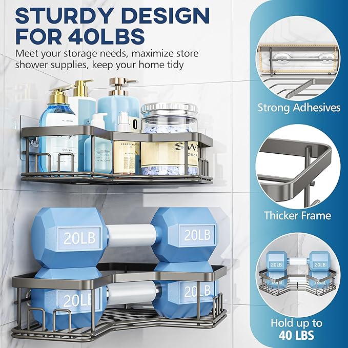 MAXIFFE 3 Pack Corner Shower Caddy with Soap Holder, Large Capacity and Easy Install, No Drilling Shower Shelves, Stainless Steel Shower Organizer Hold 40 LBS for Family Renters, Grey