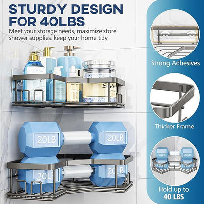 MAXIFFE 3 Pack Corner Shower Caddy with Soap Holder, Large Capacity and Easy Install, No Drilling Shower Shelves, Stainless Steel Shower Organizer Hold 40 LBS for Family Renters, Grey